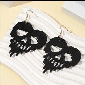 Wood carved black Skull melting heart shape earrings
